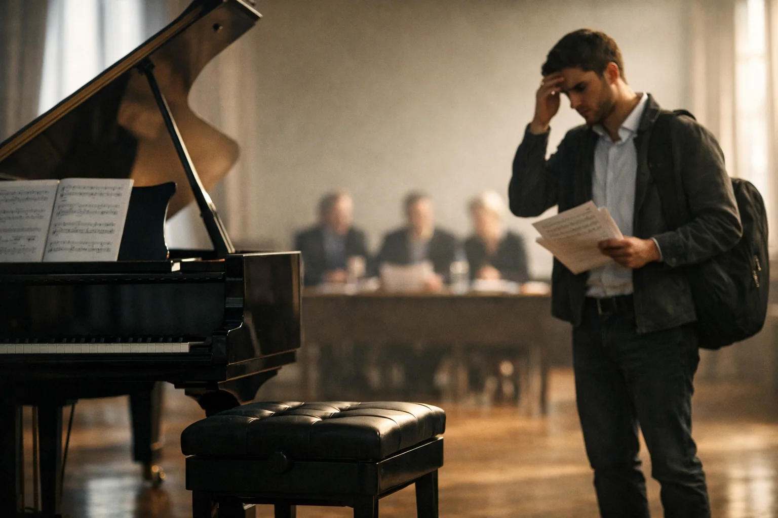 Aspirante de música ante un piano de cola en una prueba de oposición.