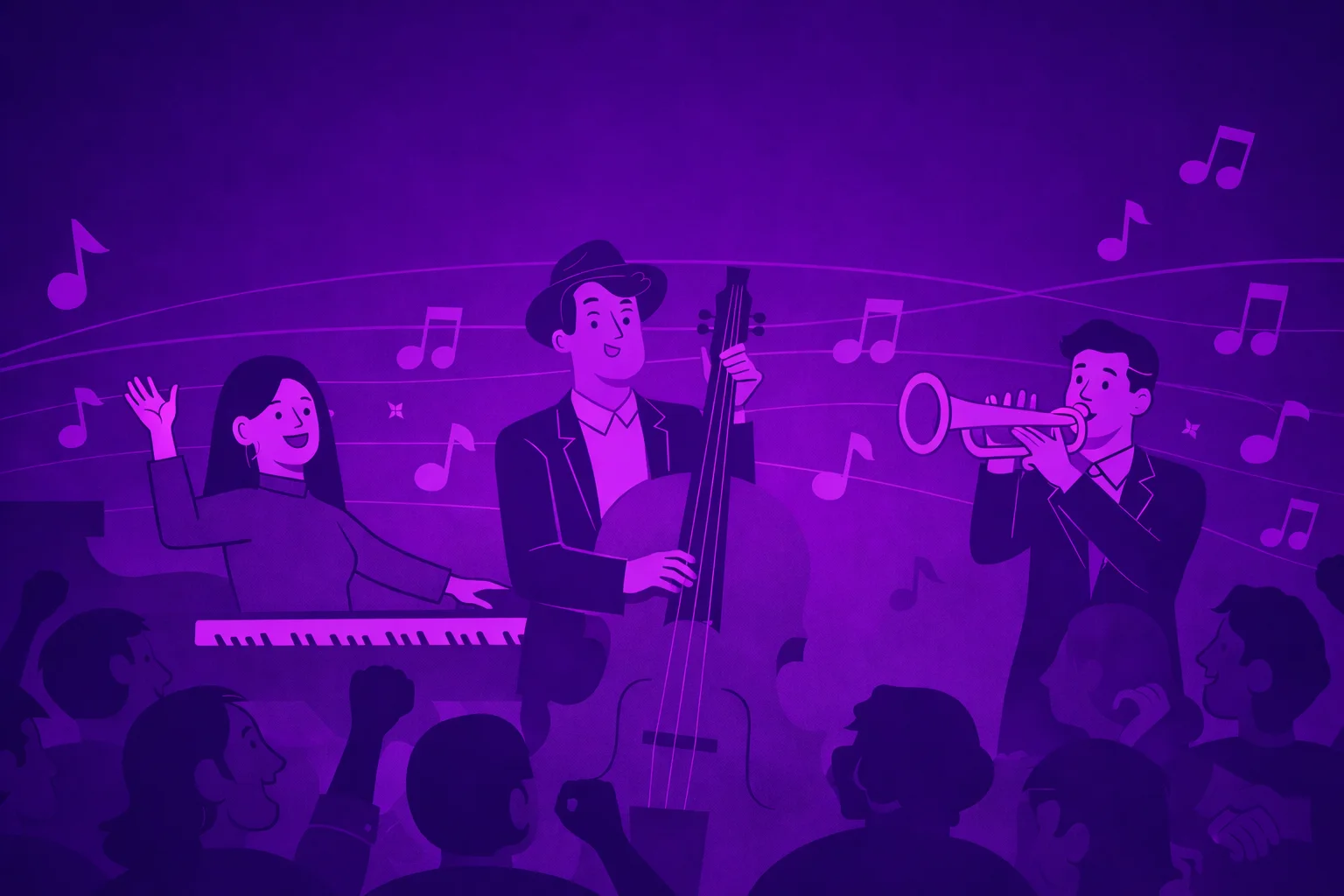 Ilustración en tonos violetas de varios músicos tocando en directo ante el público
